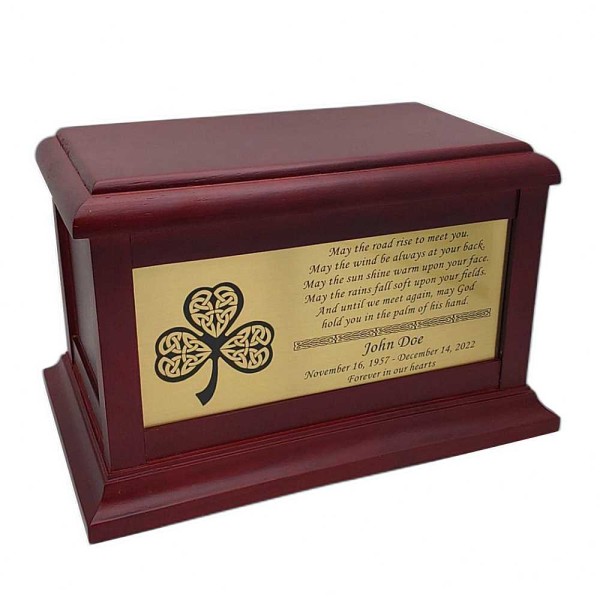 Irish Blessing Wood Cremation Box, Shamrock or Cross