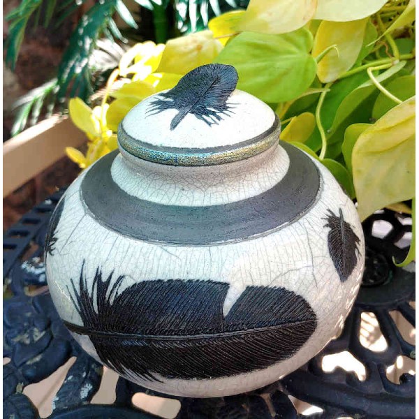 Feather Raku Pottery Scattering Urn, Medium Size